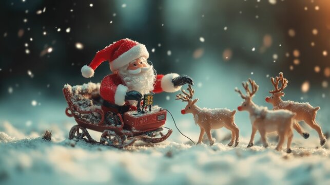 Santa struggles to fix a malfunctioning GPS on his sleigh as an impatient team of reindeer tap their hooves and sarcastic elves offer dubious assistance in his North Pole workshop