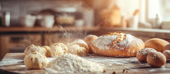 Baking Ingredients Placed On Wooden Table Ready For Cooking Concept Of Food Preparation Making Bread At Home Kitchen On Background
