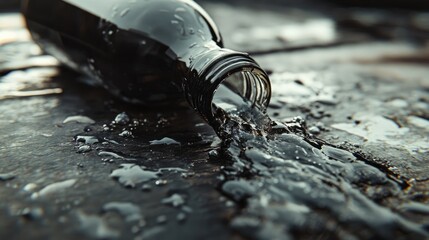 Close up image of an inverted bottle with contents spilling out