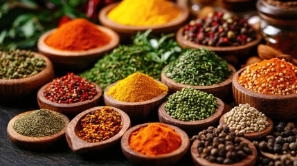 Fototapeta premium A variety of vibrant aromatic spices and herbs used in culinary dishes and traditional wellness practices