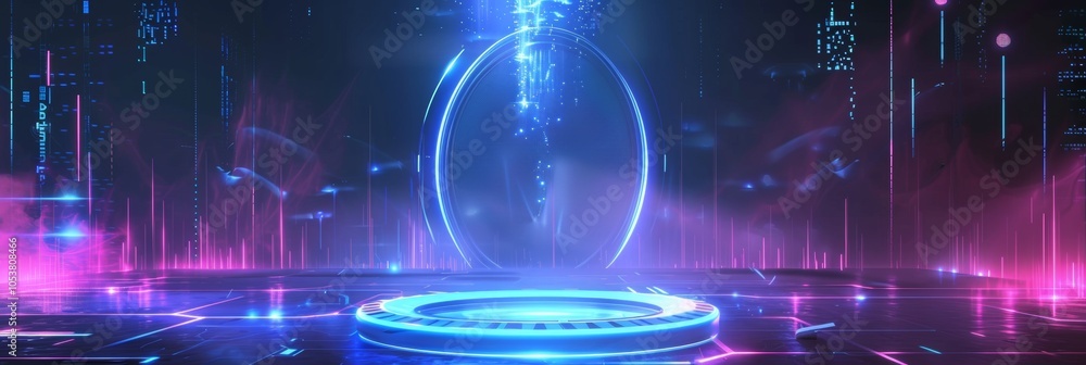 Poster podium light hologram tech technology background portal circle cyberpunk effect digital. game elemen