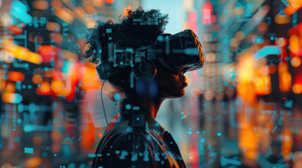 Silhouette of woman in virtual reality headset with digital technology overlay at night
