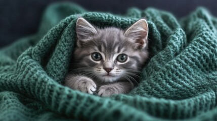 Adorable gray tabby kitten nestled in a cozy green blanket Cat resting under a warm plaid indoors Seasonal comfort for pets