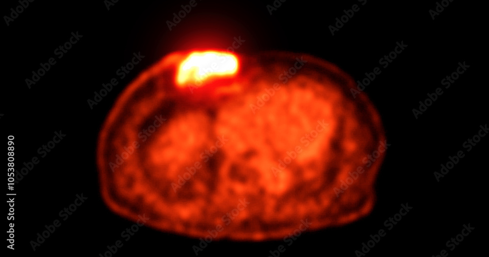 Poster pet scan image displaying whole-body metabolic activity in a side profile view. suitable for medical