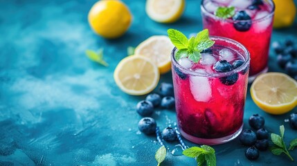 Refreshing blueberry lemonade served on a rustic teal table highlighting a vibrant summer berry drink
