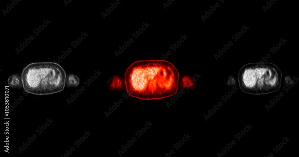 Poster pet scan image displaying whole-body metabolic activity in a side profile view. suitable for medical