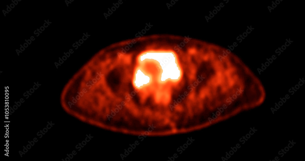 Poster pet scan image displaying whole-body metabolic activity in a side profile view. suitable for medical