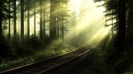 Serene forest with winding railway tracks.