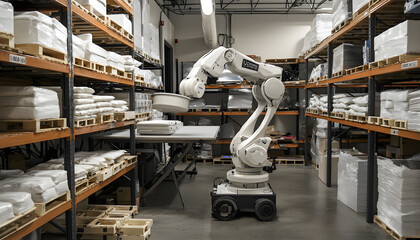 Fototapeta premium A robotic arm operates in a warehouse, surrounded by shelves filled with white products, showcasing automation in inventory management.