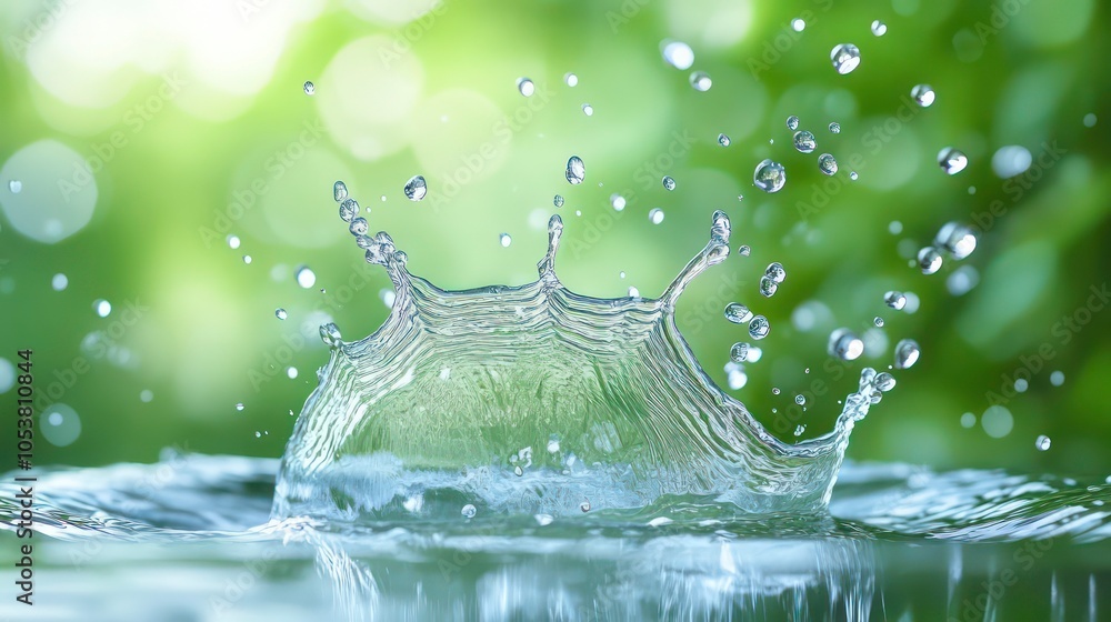 Poster a close-up of water splashing, creating droplets against a blurred green background.
