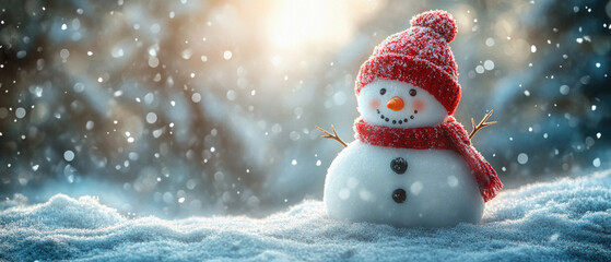 Fototapeta premium A snowman with a red hat and scarf is standing in the snow. The image has a cheerful and festive mood, as it captures the essence of winter and the joy of the holiday season