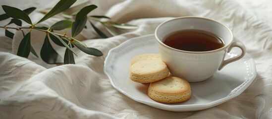 The Curd Biscuits In White Plate A Cup Of Tea With Two Pieces Of Sugar On A Saucer Embroidery Of Olive Branch With A Green Leaf And Ornament On Linen Beige Napkin