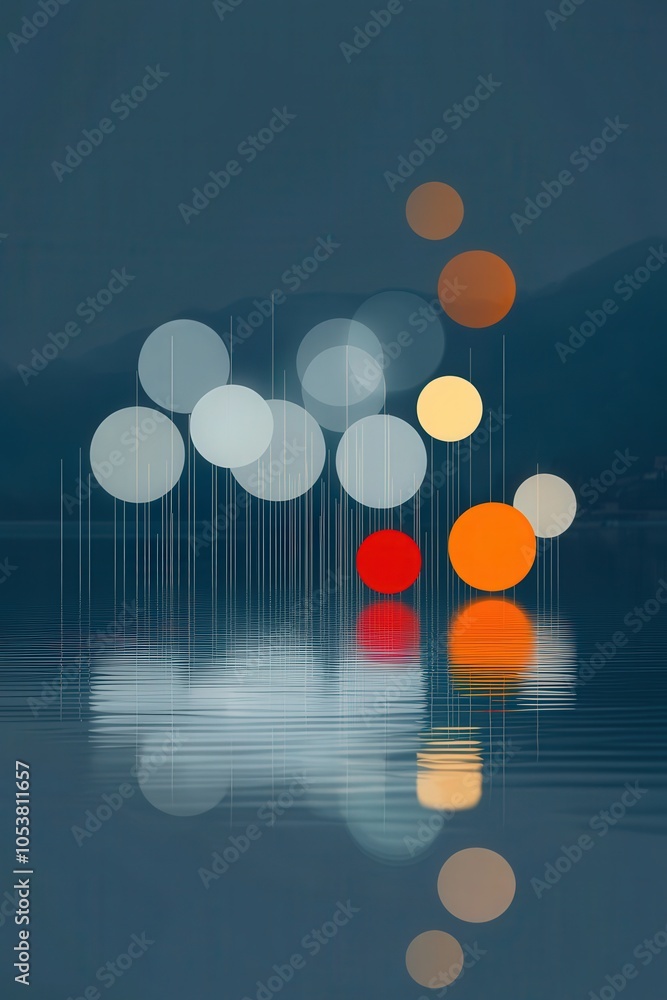 Poster this abstract image showcases colorful circular shapes reflecting on a serene water surface, creatin