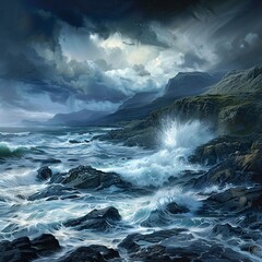 Obraz premium A dramatic landscape of a rocky coastline with crashing waves and stormy skies
