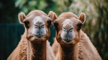 Obraz premium Close up image of two camel heads Animals in captivity Camels observed within a zoo environment