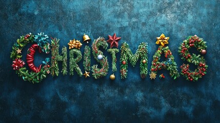 Naklejka premium Festive abstract digital featuring a creative rendering of the words Merry Christmas formed from various holiday elements like wreaths stars bells and ribbons in a vibrant colorful composition