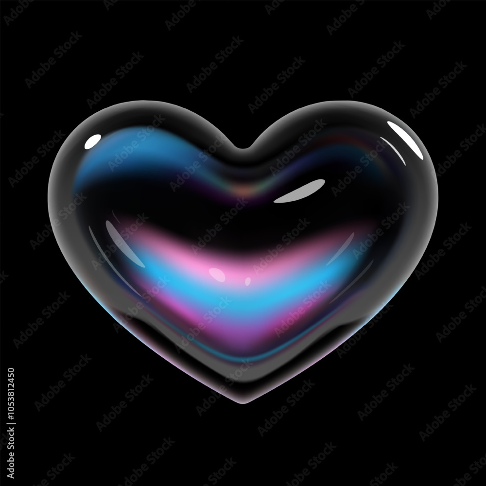 Poster 3d holographic glass heart with glossy, reflective surface and neon glow. balloon bubble render shap