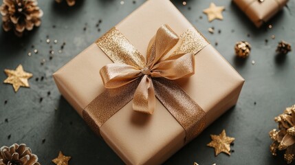 Fototapeta premium Decorative gift box with a gold ribbon on a table viewed from above Flat lay setup suitable for festive occasions like holidays or celebrations