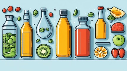 A Flat Lay of Glass Bottles Filled with Various Colorful Juices and Fruit