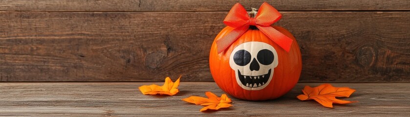 A decorated pumpkin featuring a skull design and an orange bow, set against a rustic wooden background.