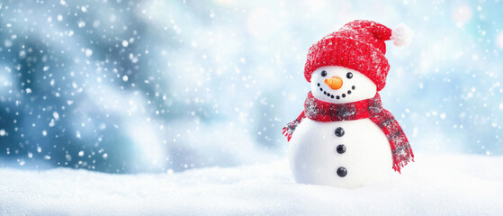 Obraz premium A snowman with a red hat and scarf stands in the snow. Concept of winter and holiday cheer