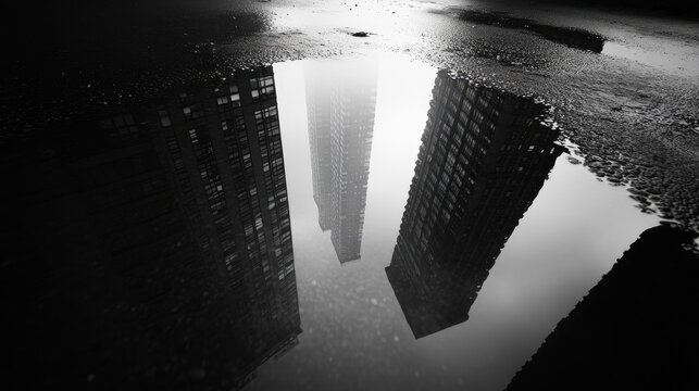 Fototapeta Urban cityscape reflected in puddle featuring tall buildings and misty atmosphere presented in monochrome photography showcasing the urban landscape and street concept