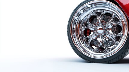 A pristine close-up of a contemporary car wheel isolated against a white backdrop, showcasing its intricate design and polished finish in stunning high definition. 