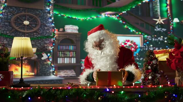 Santa Claus wrapping a gift box using festive paper and ribbons in his North Pole workshop, surrounded by holiday decorations. Father Christmas prepares surprises for winter celebration. Camera B.