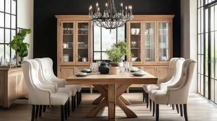 Dining space with a solid wood table, contemporary chairs, and a rustic chandelier, creating a perfect style blend.