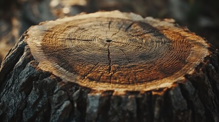 Obraz premium Close up of a tree stump showcasing intricate growth rings and cracks emphasizing the beauty of nature and forestry
