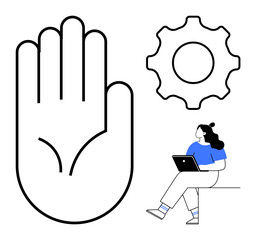 Hand raised palm, gear icon, and seated woman working on laptop. Ideal for technology, user experience, workflow, teamwork, productivity, innovation, and communication themes. Line metaphor