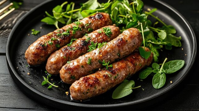 Skinless South European cevapcici sausages made from ground meat and spices served on a black plate alongside a salad of thyme and watercress on a dark wooden surface