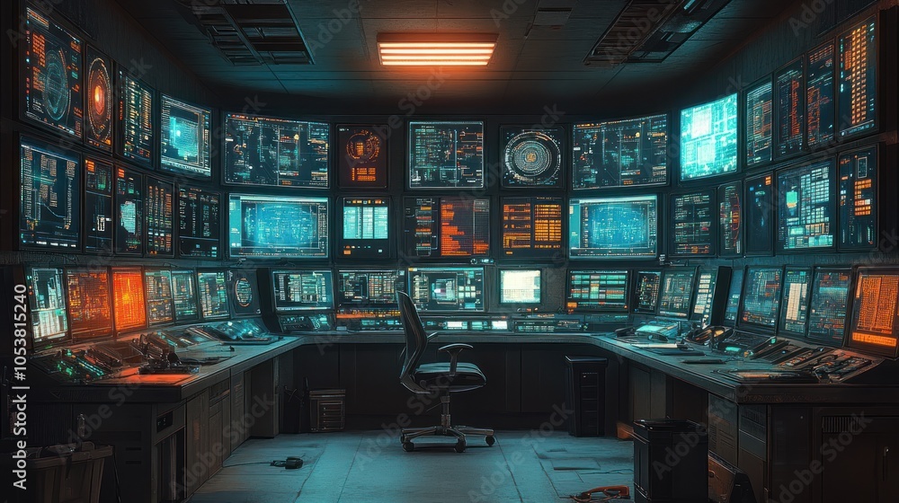 Poster high-tech control room filled with multiple screens and equipment.