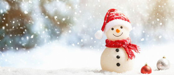 Fototapeta premium A snowman with a red hat and scarf is standing in the snow. The snowman is smiling and surrounded by three shiny red balls. The image conveys a cheerful and festive mood