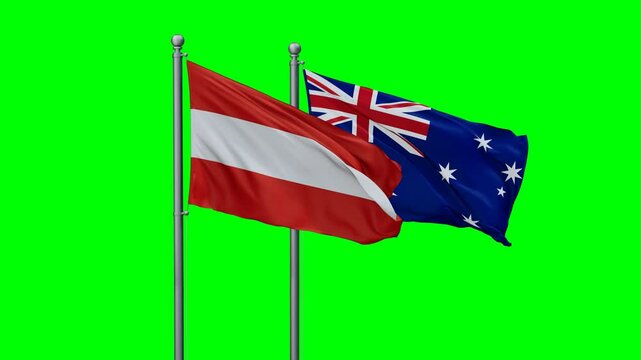 Australia and Austria flags flying together, video concept of the relationship with colored chroma key for easy background remove, two country cooperation concept