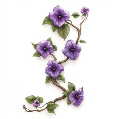 a naturalist illustration of a fancifully curved branch thunbergia with purple flowers