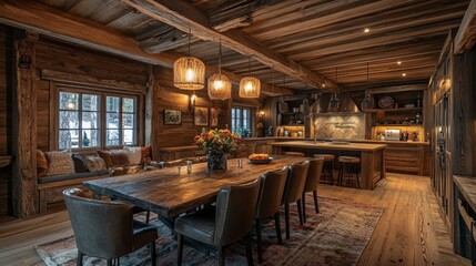 High-end rustic dining room with polished wooden furniture, cozy textiles, and soft lighting for a warm, inviting feel.