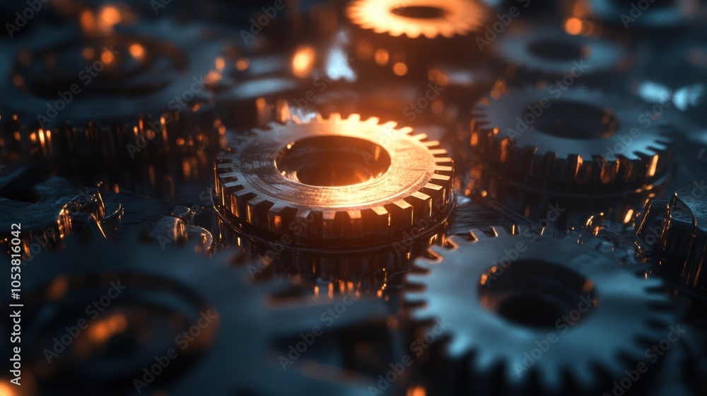 Aufkleber intricate metallic gears in a balanced layout, illuminated by gentle light, creating a harmonious in