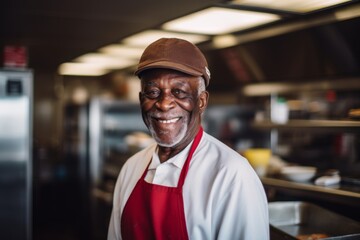 Fototapeta premium Smiling portrait of a senior chef working in kitchen