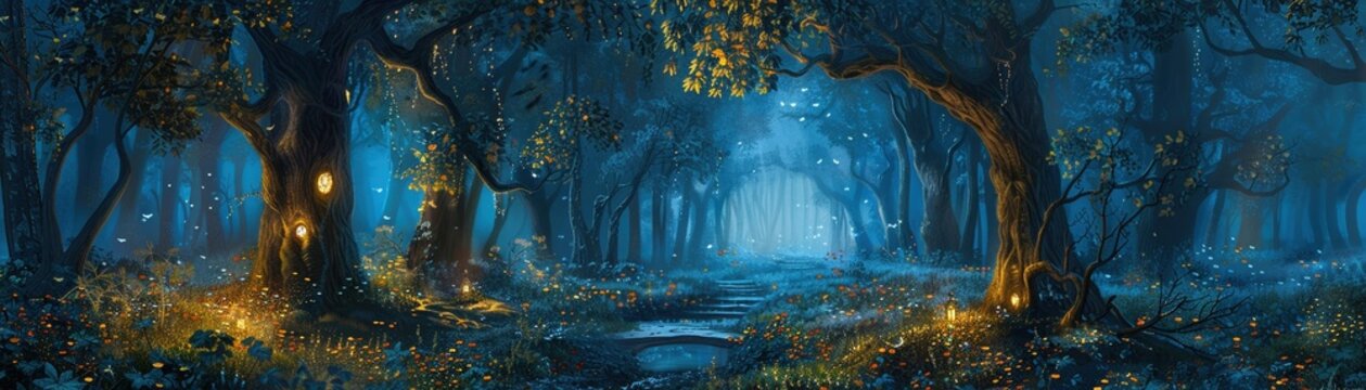 A forbidden forest at night where trees glow with eerie lights