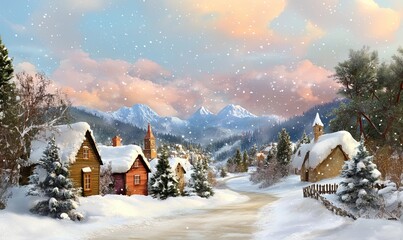 Fototapeta premium Winter village scenic landscape illustration. Snowy cottages in a peaceful village. Mountains tower above trees and quaint cottages. Scenic beauty in a tranquil scene. Ideal for postcard art,