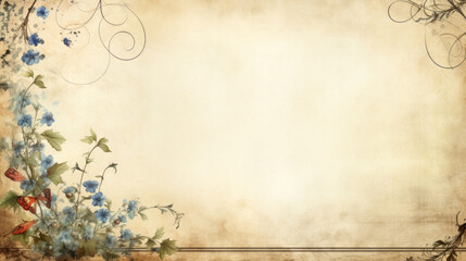 A vintage floral-themed stationary design featuring blue accents and red butterflies, perfect for evoking elegance and timeless charm.