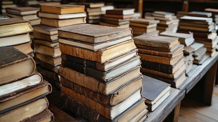 Obraz premium Stacked Antique Books on Wooden Shelves