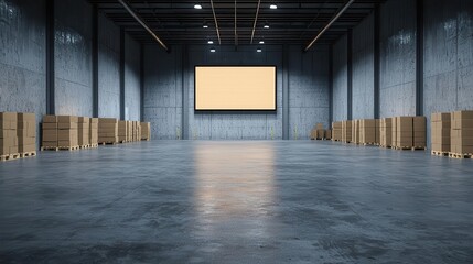 Warehouse with digital screens showing inventory status, realtime logistics