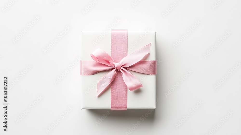 Poster Flatlay view of a single gift box adorned with a pink ribbon set against a white background highlighting the concept of gifting