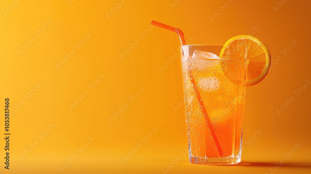 Poster summer fresh with a straw on a bright orange background alcoholic drink bar space copy fresh juice w