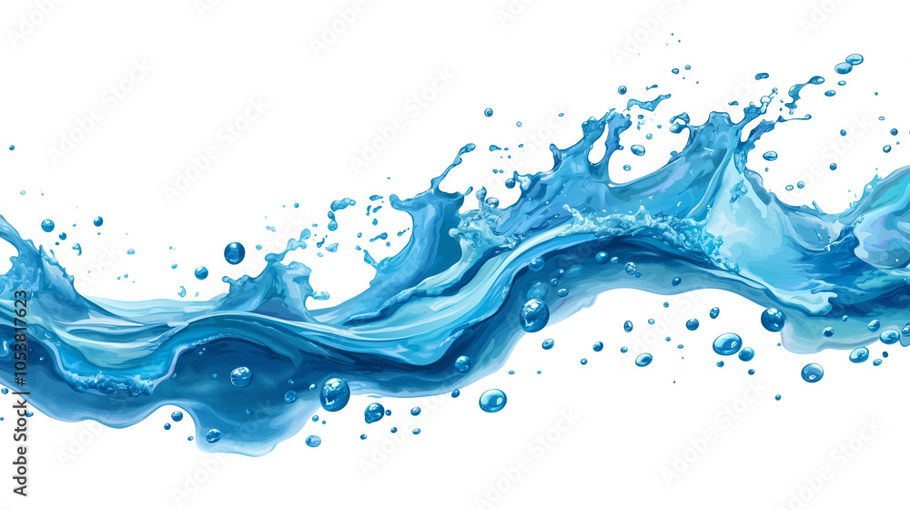 Poster Dynamic blue water splash with floating air bubbles creates refreshing and energetic visual. fluid motion and vibrant color evoke sense of purity and vitality.png transparent background