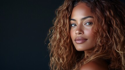 Fototapeta premium A stunning woman with elongated, lustrous, and wavy hair showcases skillful coloring and toning techniques. Her eye-catching shatush and balayage highlights enhance her natural curls