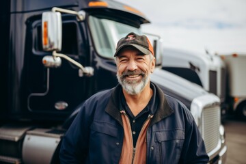 Naklejka premium Smiling portrait of a middle aged Caucasian male trucker