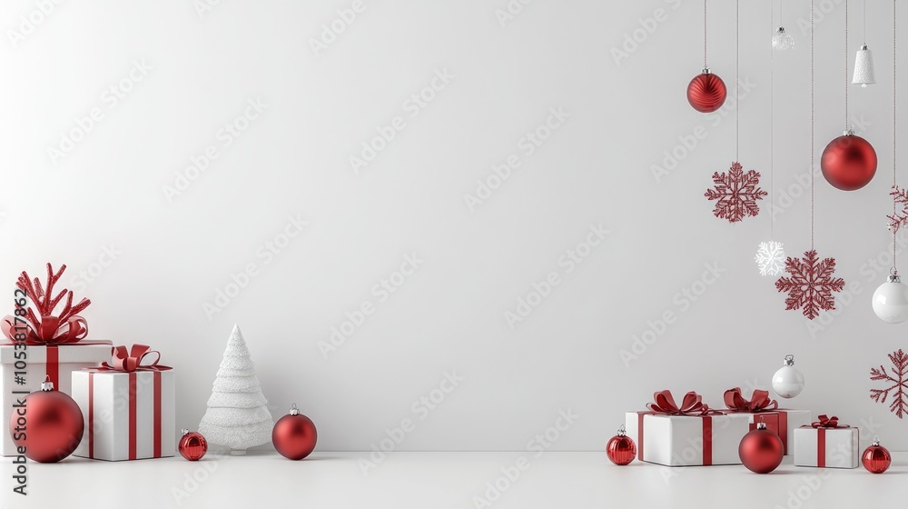 Poster white background featuring plaster christmas decorations and festive red ornaments with ample space 